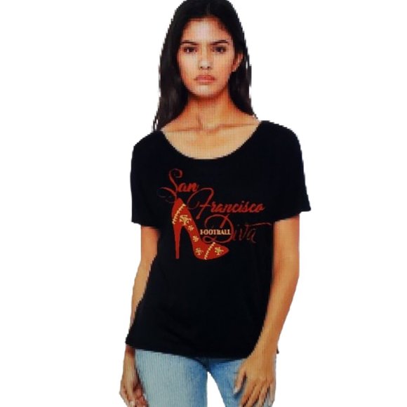 San Francisco Football Diva Black Slouchy Tee with Shiny Glitter Lettering. - Picture 2 of 3